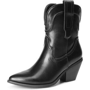 🆕Women's Black Faux Leather Cowboy Ankle Boots Chunky Heel Pointed Toe